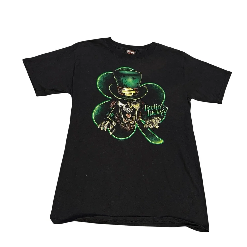Harley-Davidson Feeling Lucky Graphic Tee‎ Mens Small Shamrock Skull Leprechaun